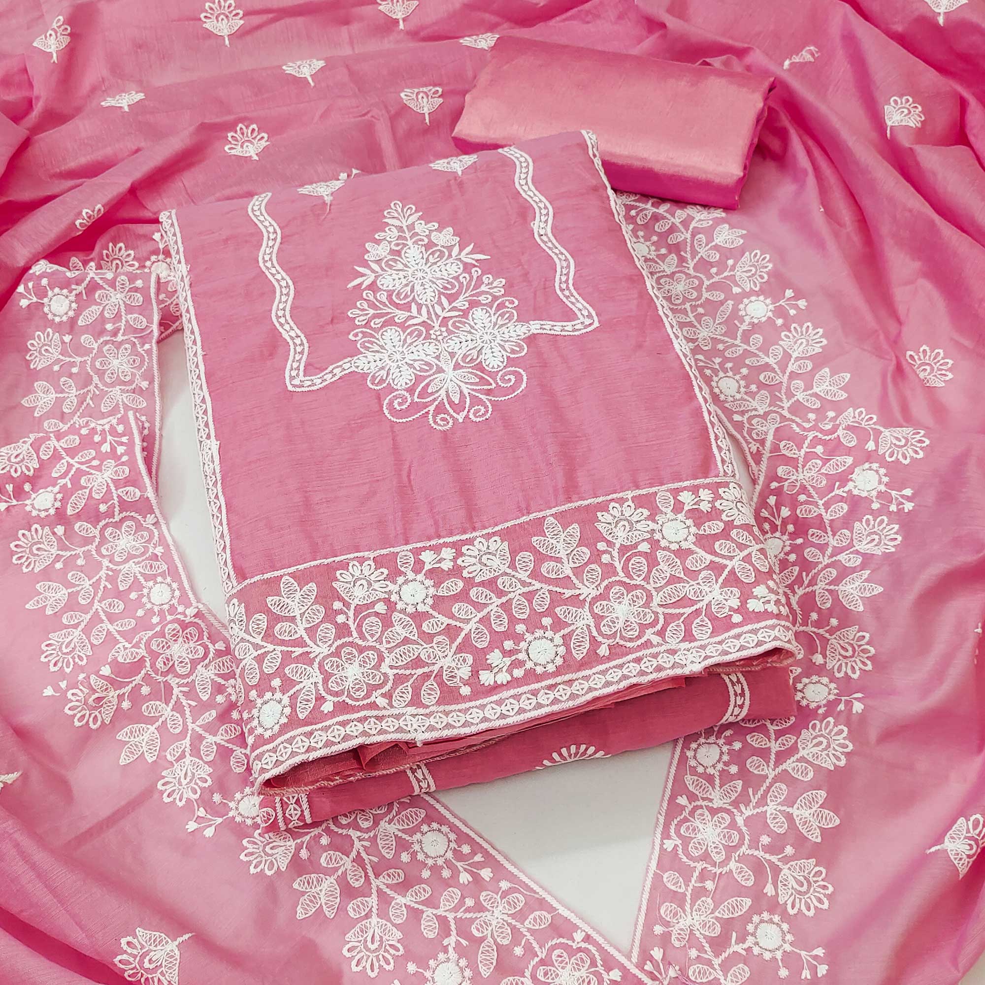 Pink Chanderi Silk Dress Material With Exquisite Floral Thread Embroidery