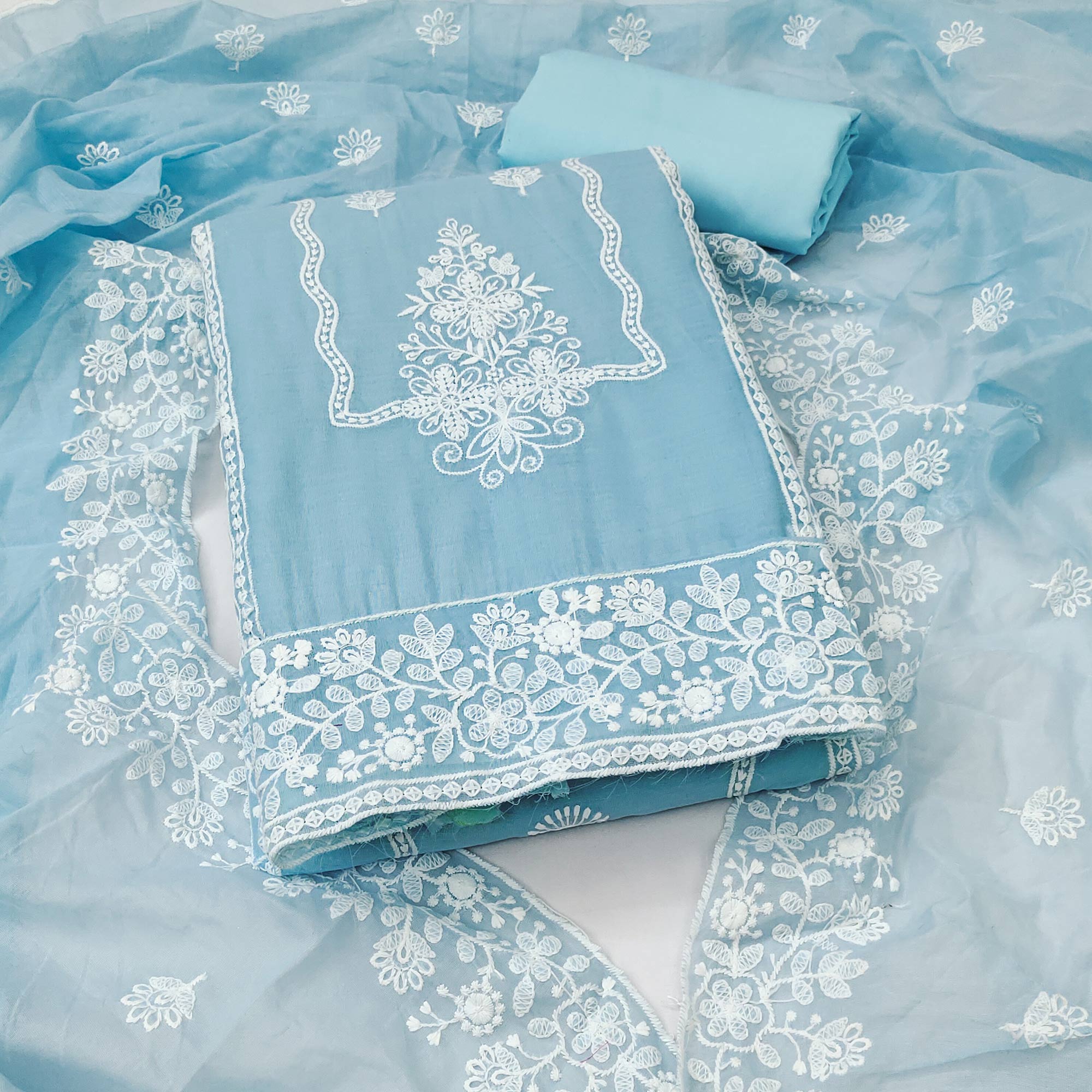 Sky Blue Chanderi Silk Dress Material With Exquisite Floral Thread Embroidery