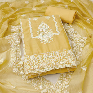 Yellow Chanderi Silk Dress Material With Exquisite Floral Thread Embroidery