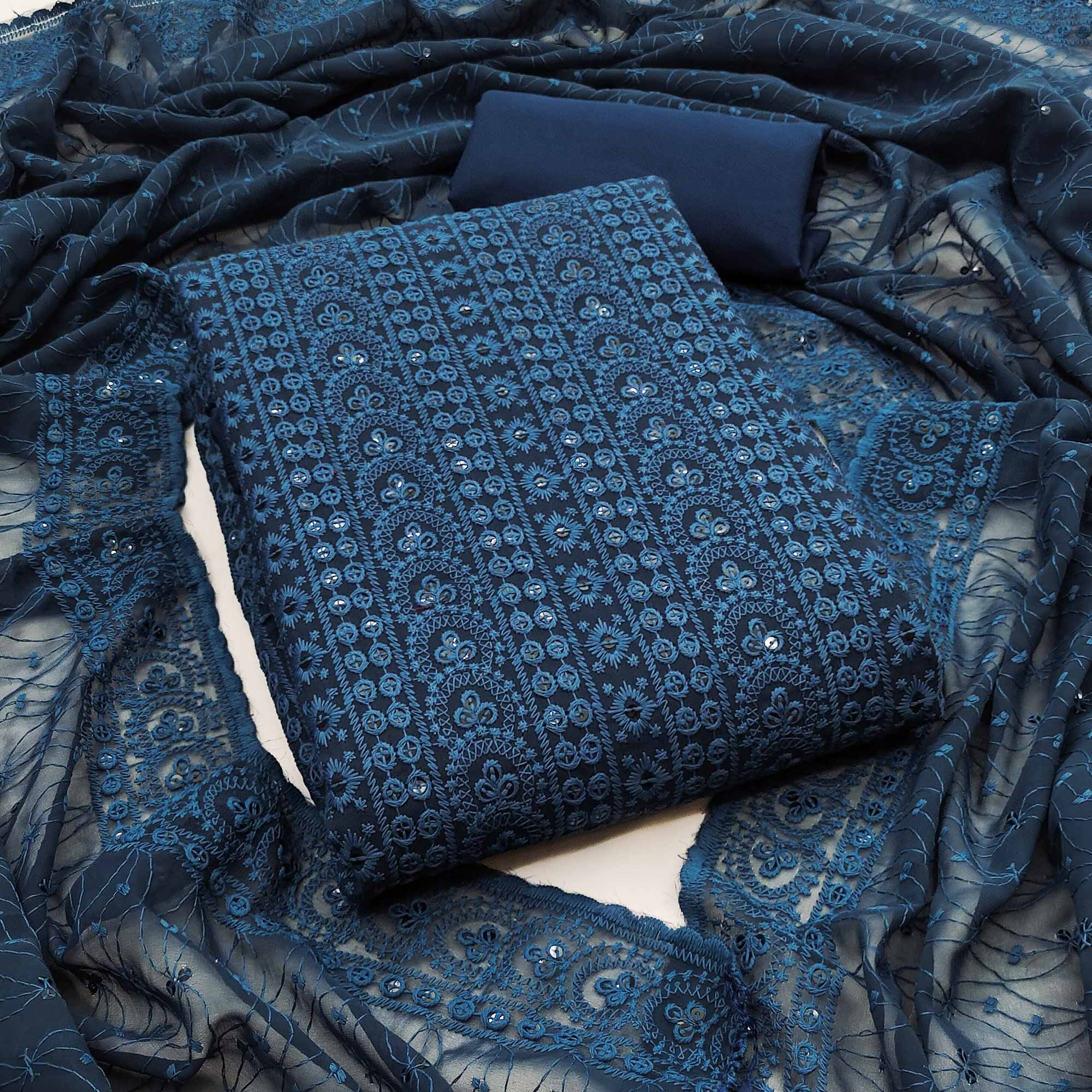 Blue Georgette Dress Material With Intricate Floral Thread & Sparkling Sequins Work