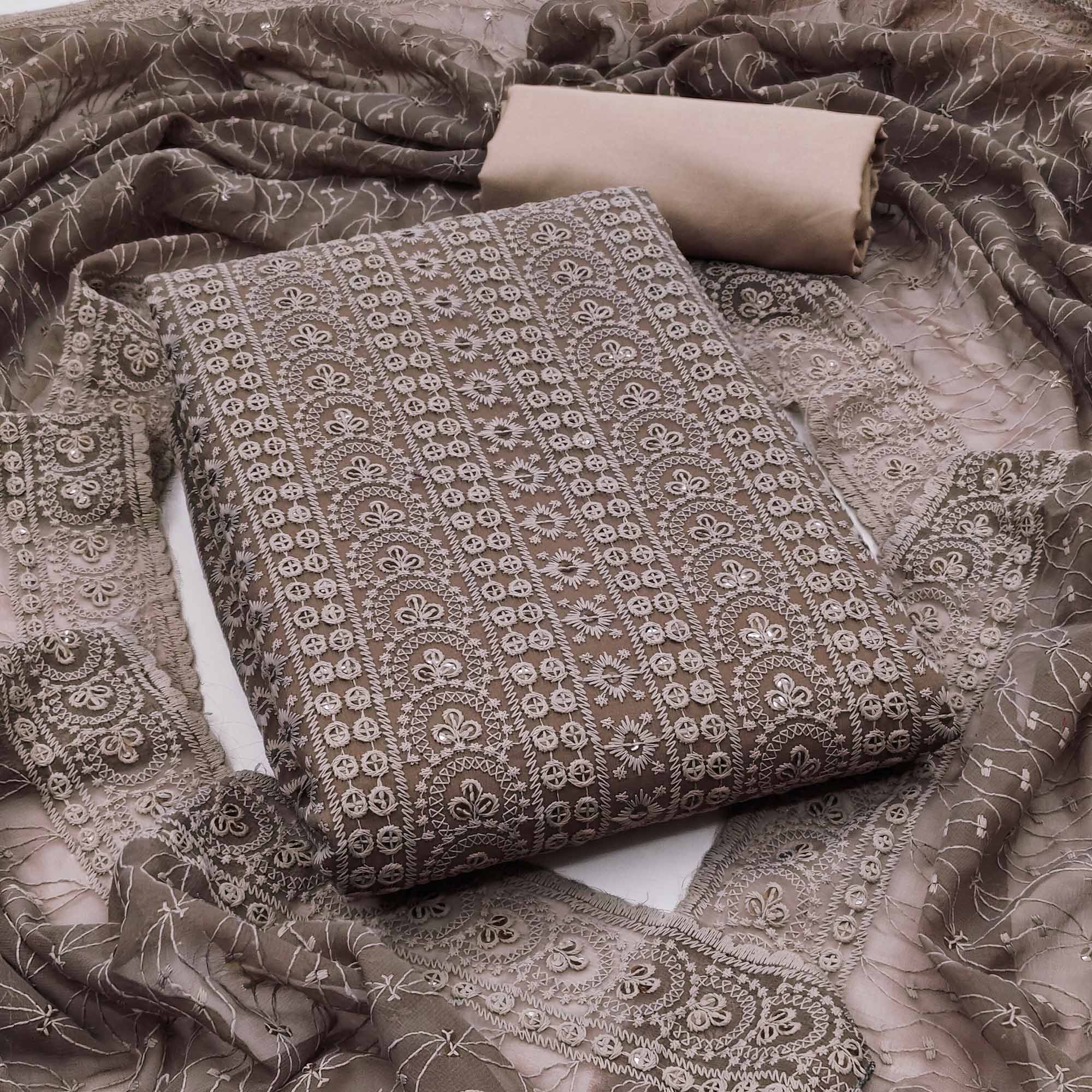 Brown Georgette Dress Material With Intricate Floral Thread & Sparkling Sequins Work