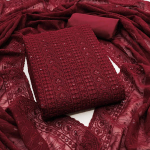 Maroon Georgette Dress Material With Intricate Floral Thread & Sparkling Sequins Work