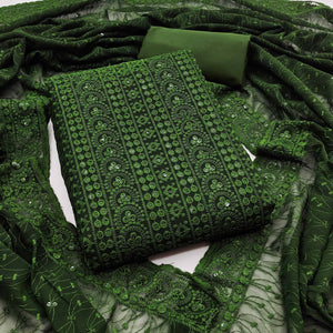 Mehendi Green Georgette Dress Material With Intricate Floral Thread & Sparkling Sequins Work