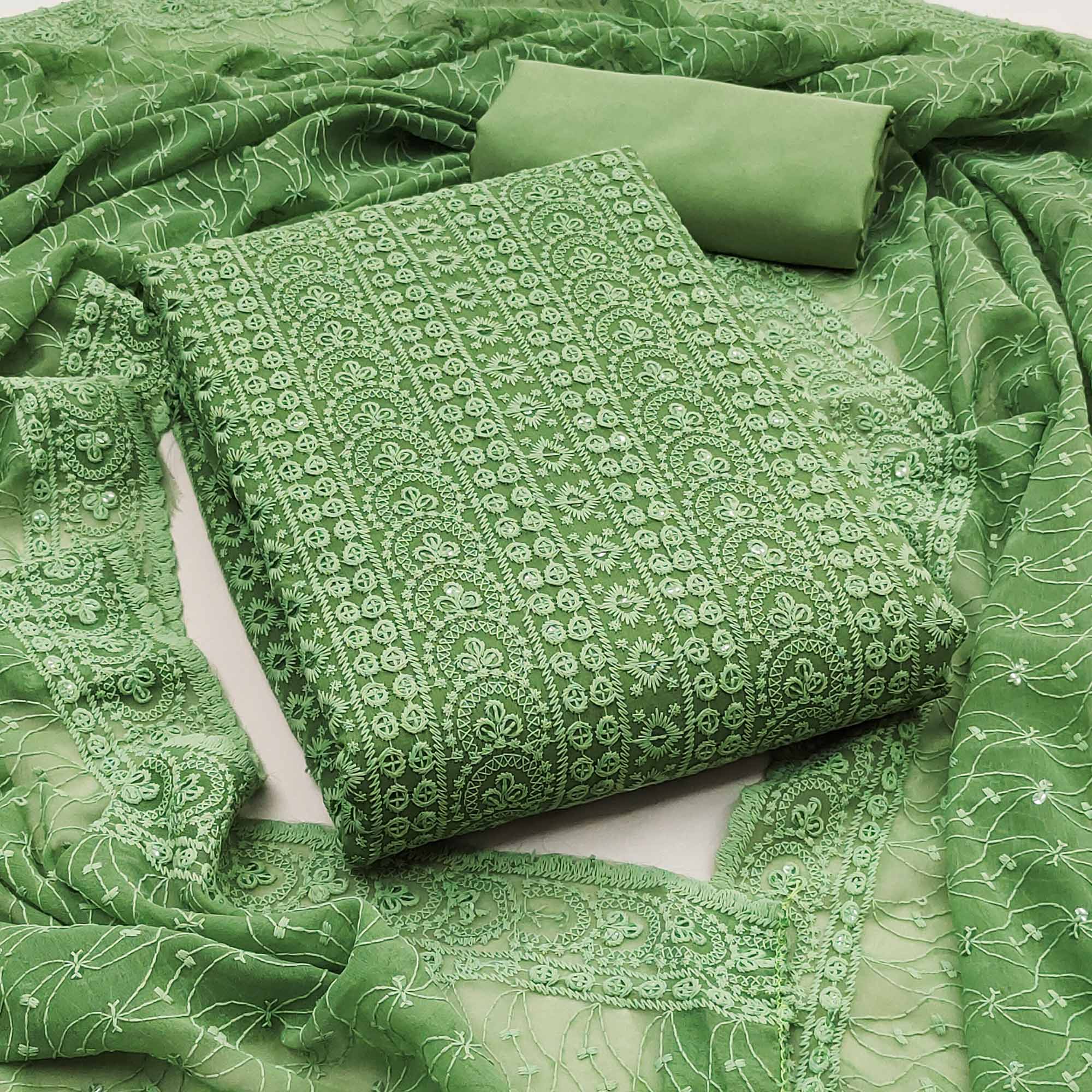 Pista Green Georgette Dress Material With Intricate Floral Thread & Sparkling Sequins Work