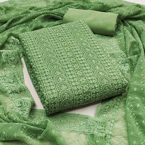 Pista Green Georgette Dress Material With Intricate Floral Thread & Sparkling Sequins Work