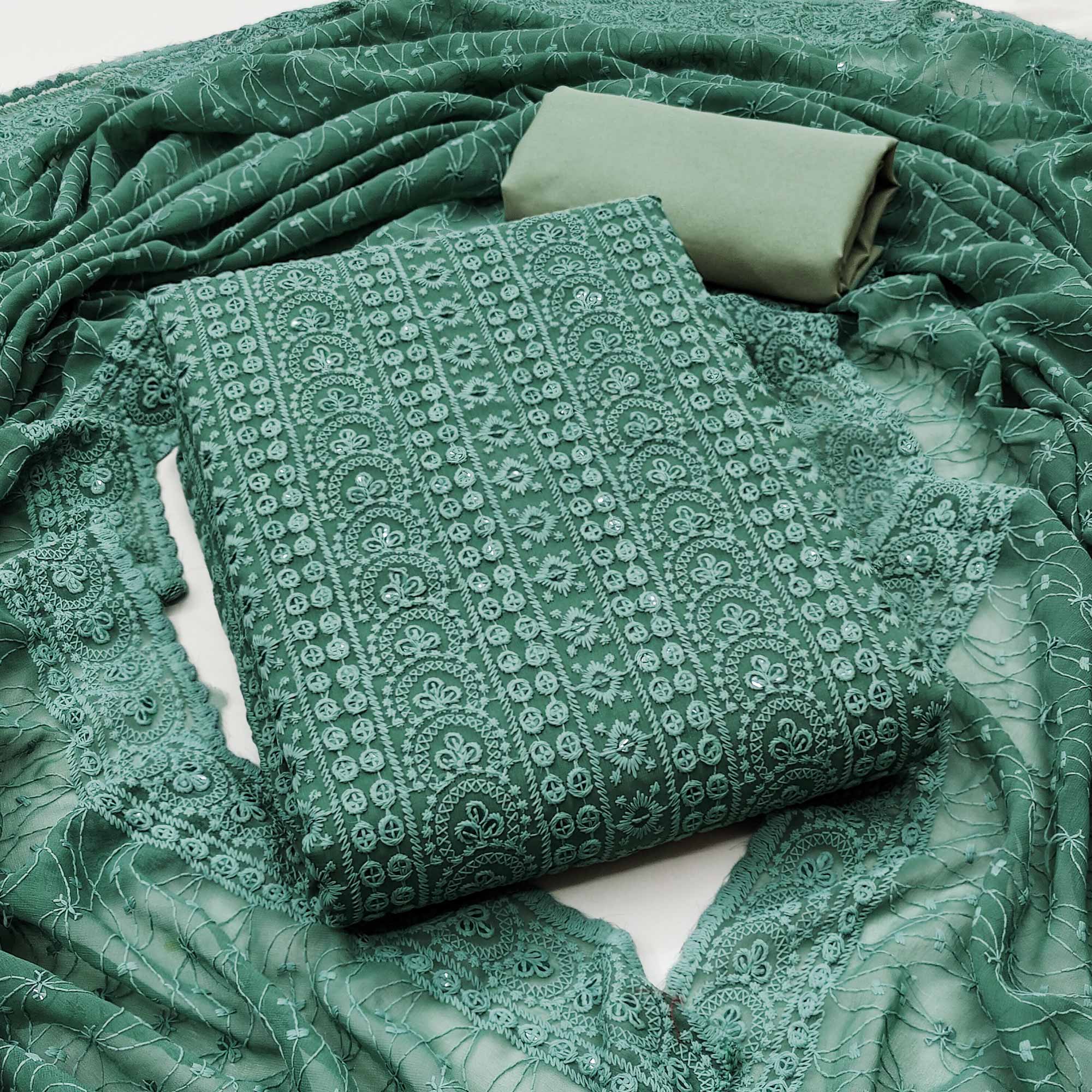 Sage Green Georgette Dress Material With Intricate Floral Thread & Sparkling Sequins Work