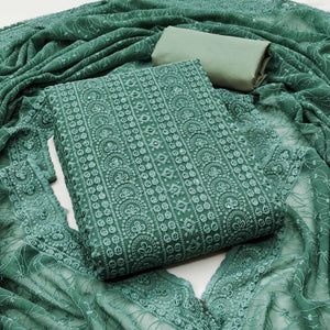 Sage Green Georgette Dress Material With Intricate Floral Thread & Sparkling Sequins Work