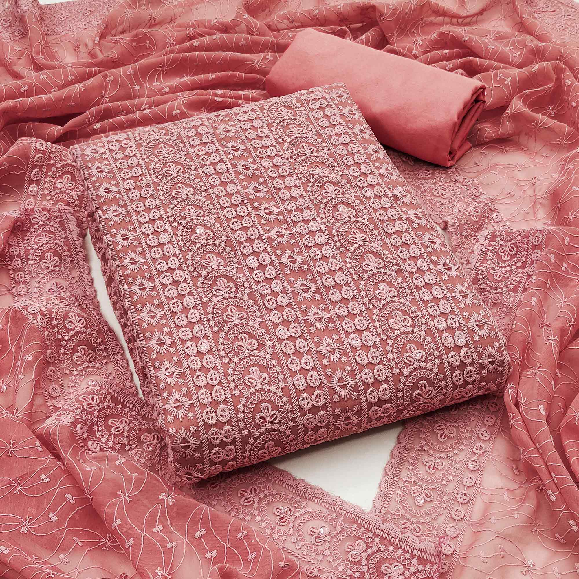 Salmon Rose Pink Georgette Dress Material With Intricate Floral Thread & Sparkling Sequins Work