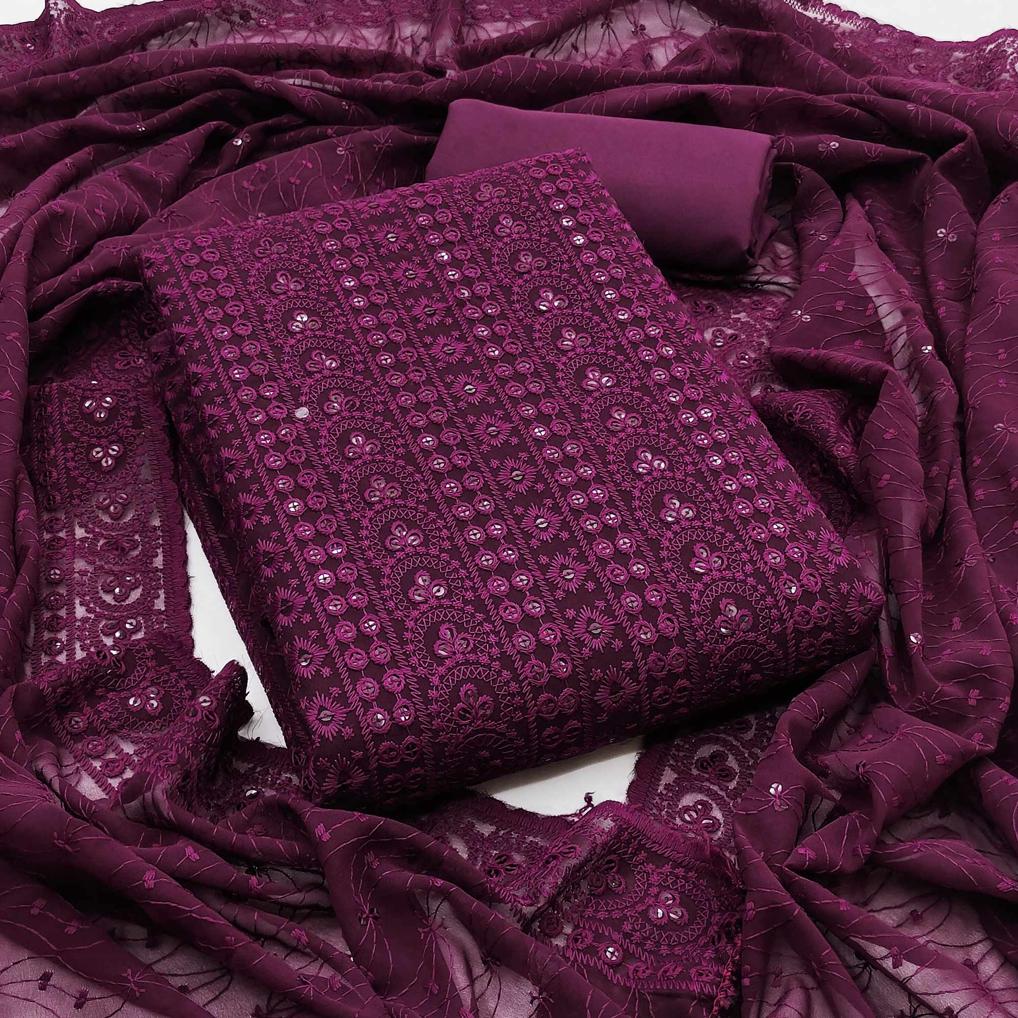 Wine Georgette Dress Material With Intricate Floral Thread & Sparkling Sequins Work