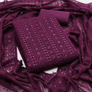 Wine Georgette Dress Material With Intricate Floral Thread & Sparkling Sequins Work