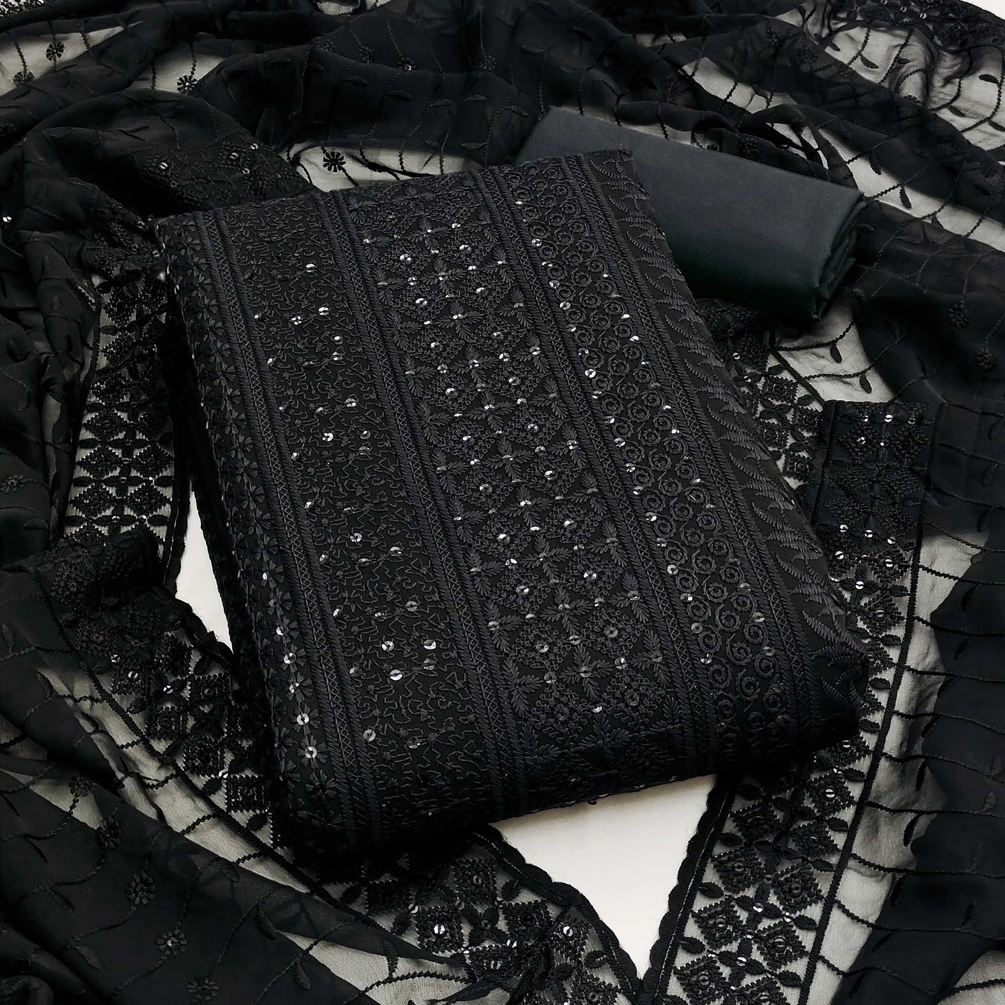 Black Floral Thread Embroidery With Sequins Highlighted Georgette Dress Material