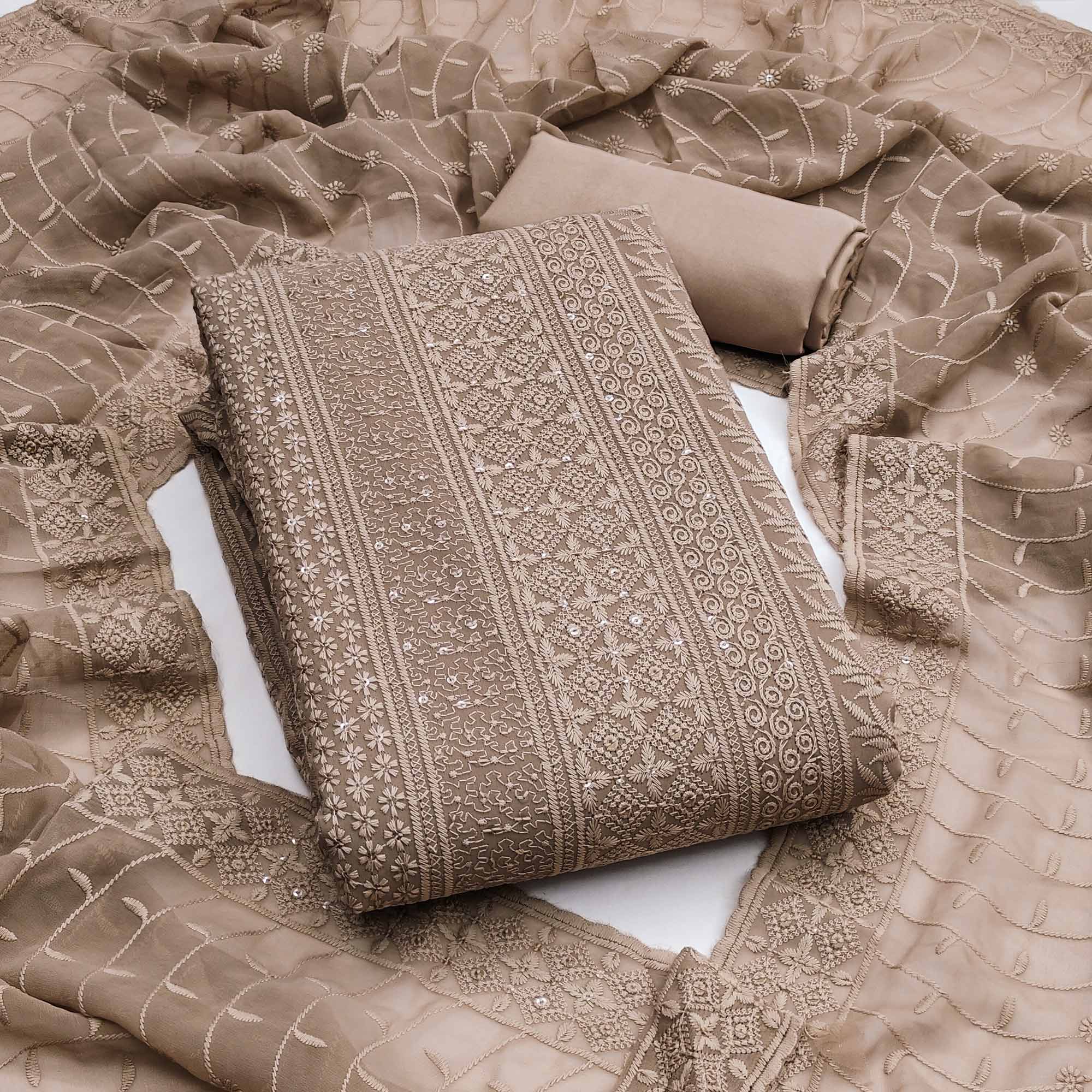 Brown Floral Thread Embroidery With Sequins Highlighted Georgette Dress Material