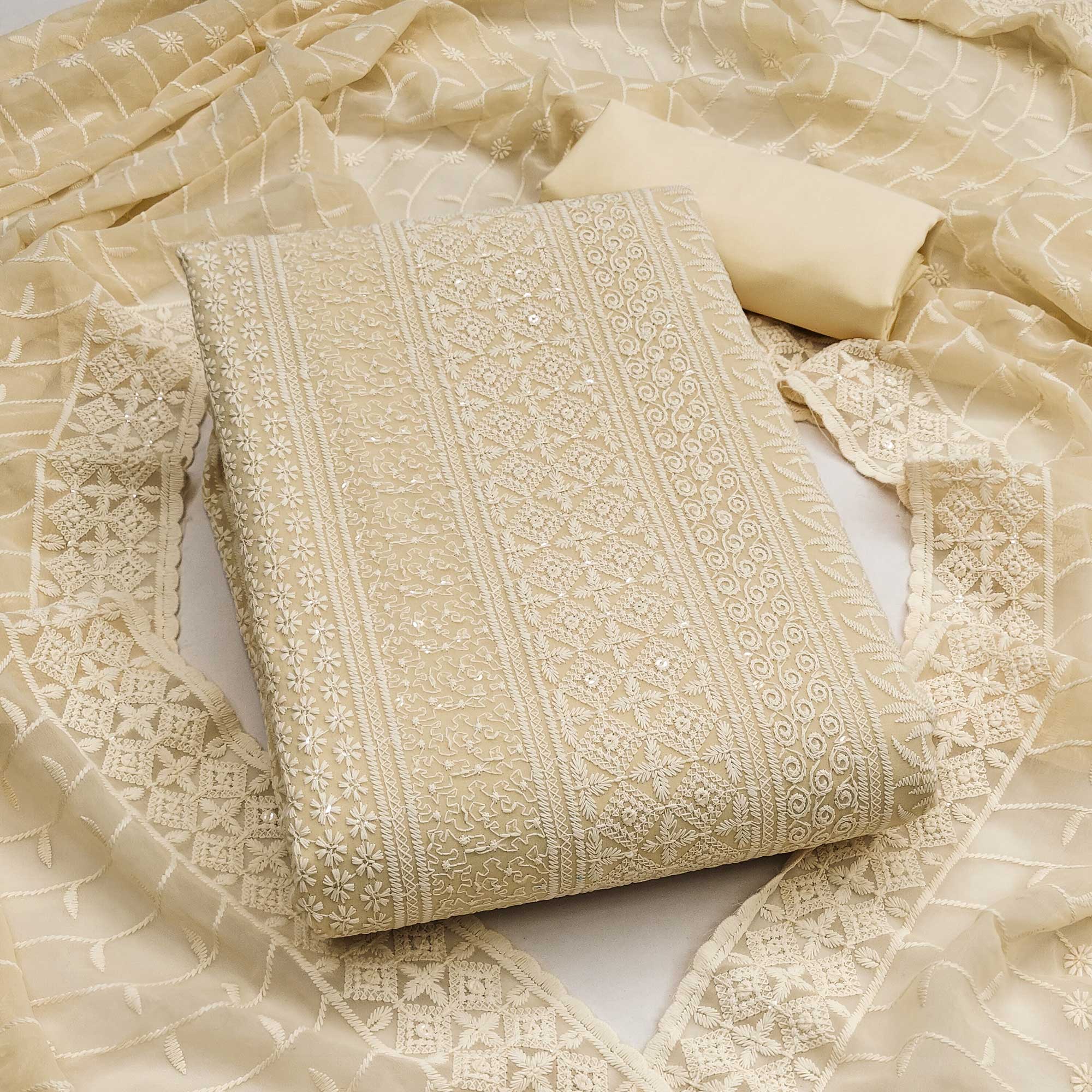 Cream Floral Thread Embroidery With Sequins Highlighted Georgette Dress Material