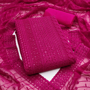 Rani Pink Floral Thread Embroidery With Sequins Highlighted Georgette Dress Material