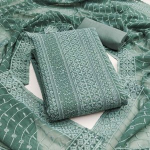 Sage Green Floral Thread Embroidery With Sequins Highlighted Georgette Dress Material