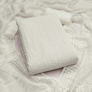 White Floral Thread Embroidery With Sequins Highlighted Georgette Dress Material