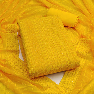 Yellow Floral Thread Embroidery With Sequins Highlighted Georgette Dress Material
