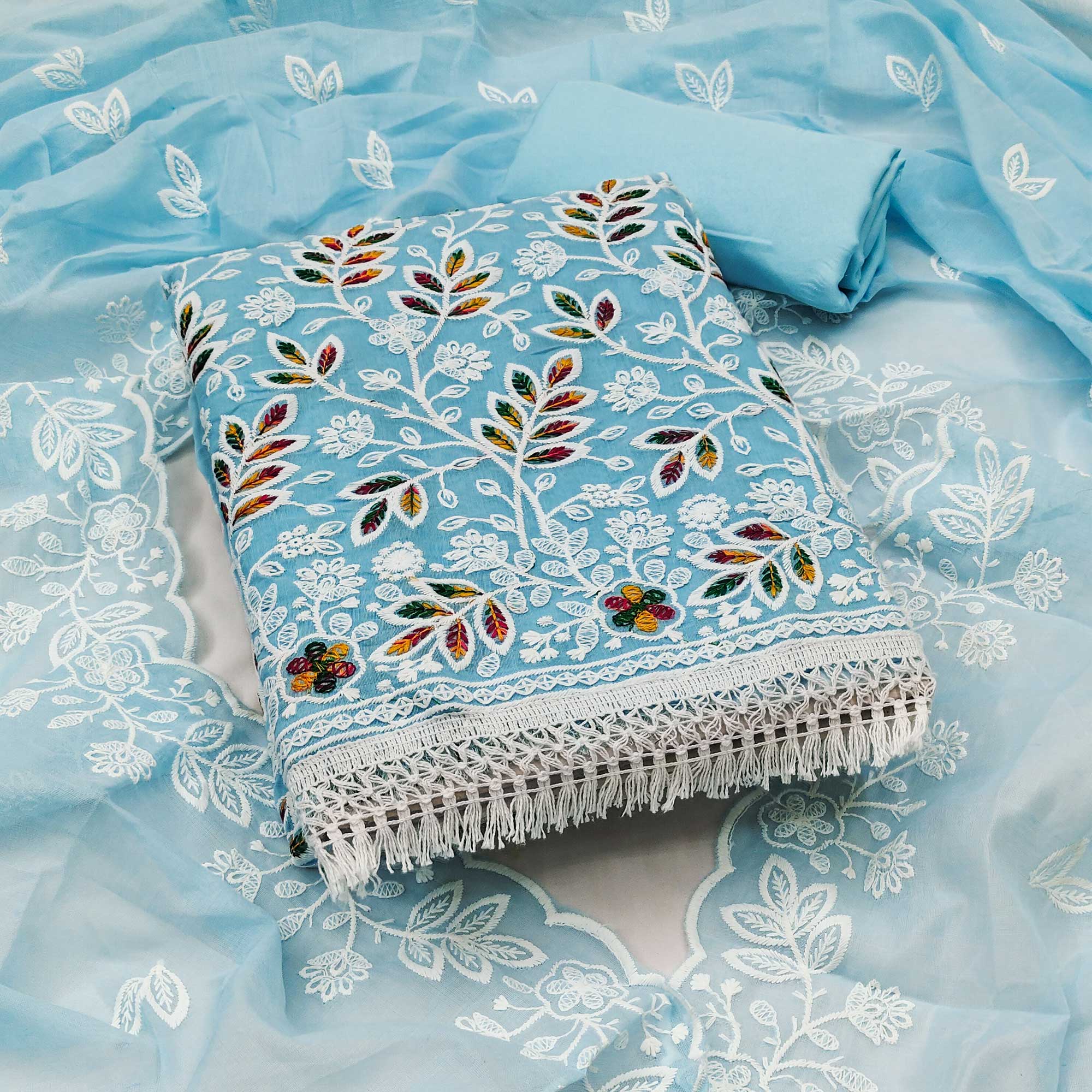 Blue Chanderi Silk Dress Material With Exquisite Floral Thread Embroidery