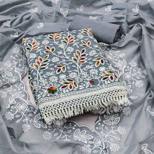 Grey Chanderi Silk Dress Material With Exquisite Floral Thread Embroidery