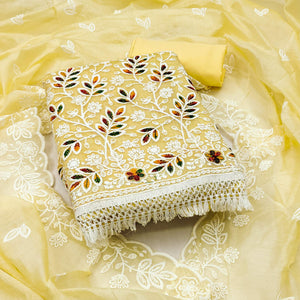 Yellow Chanderi Silk Dress Material With Exquisite Floral Thread Embroidery