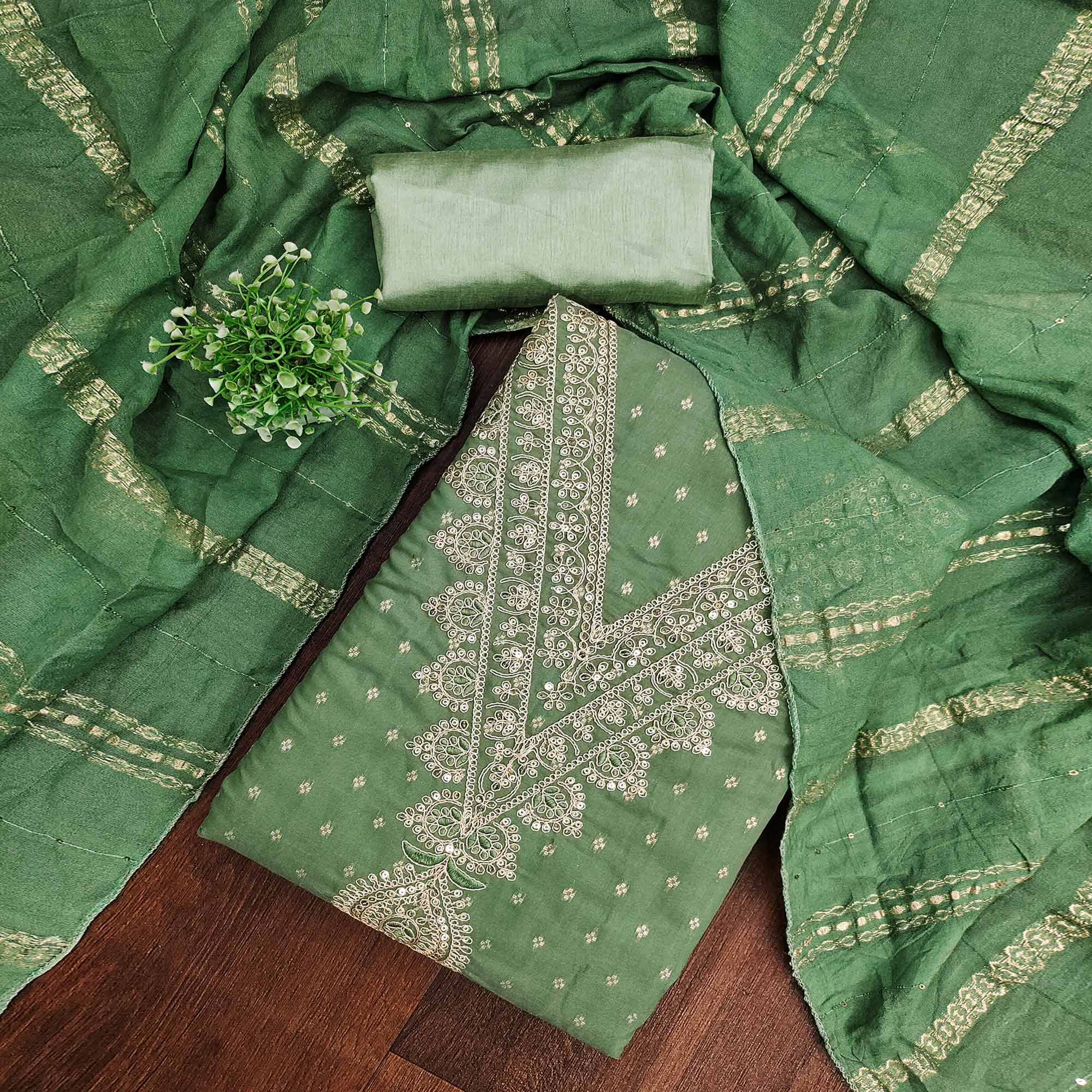 Festive Green Embroidered Dress Material Crafted from Rich Chanderi Silk with Zari Work