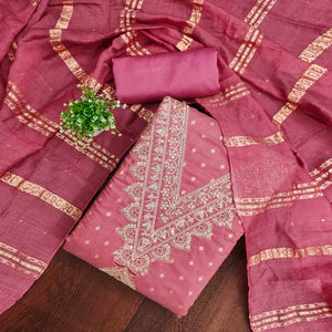Festive Pink Embroidered Dress Material Crafted from Rich Chanderi Silk with Zari Work