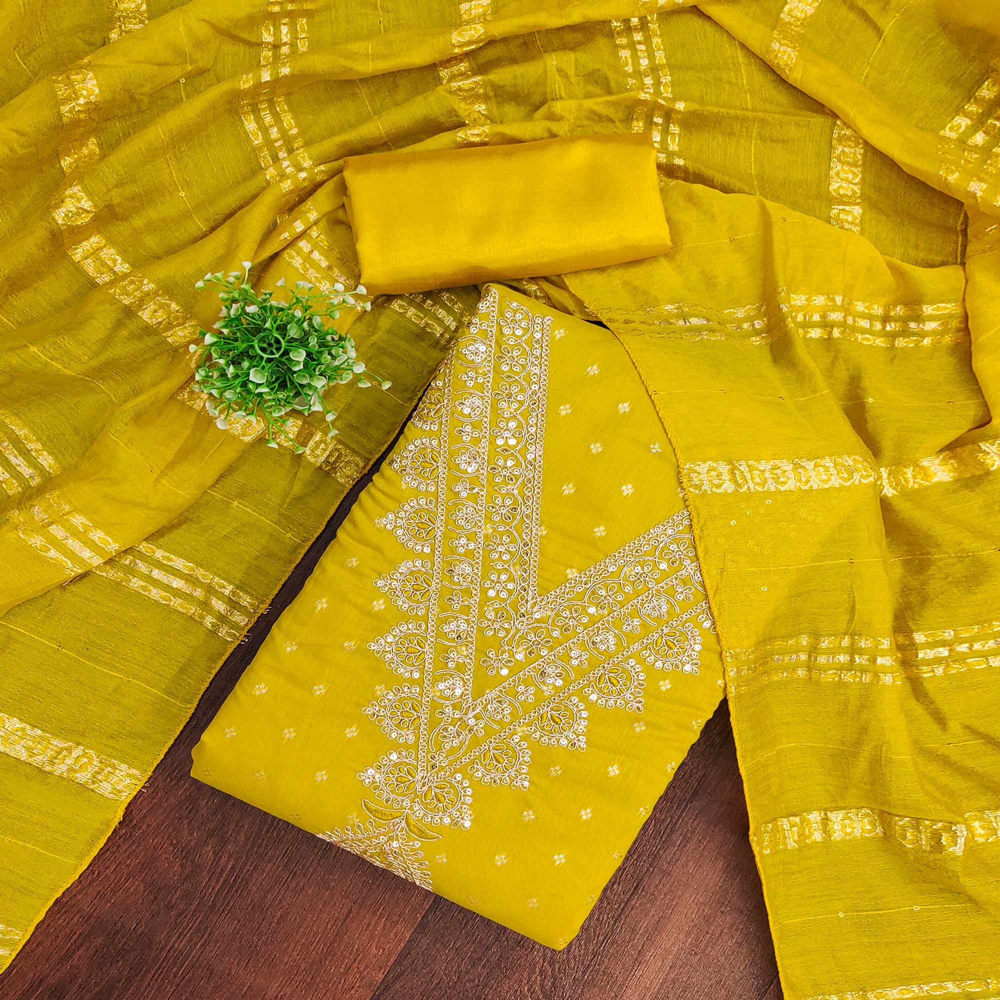 Festive Yellow Embroidered Dress Material Crafted from Rich Chanderi Silk with Zari Work
