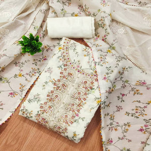 Classic Cream Floral Printed Modal Chanderi Silk Fabric Set Perfect for Festive