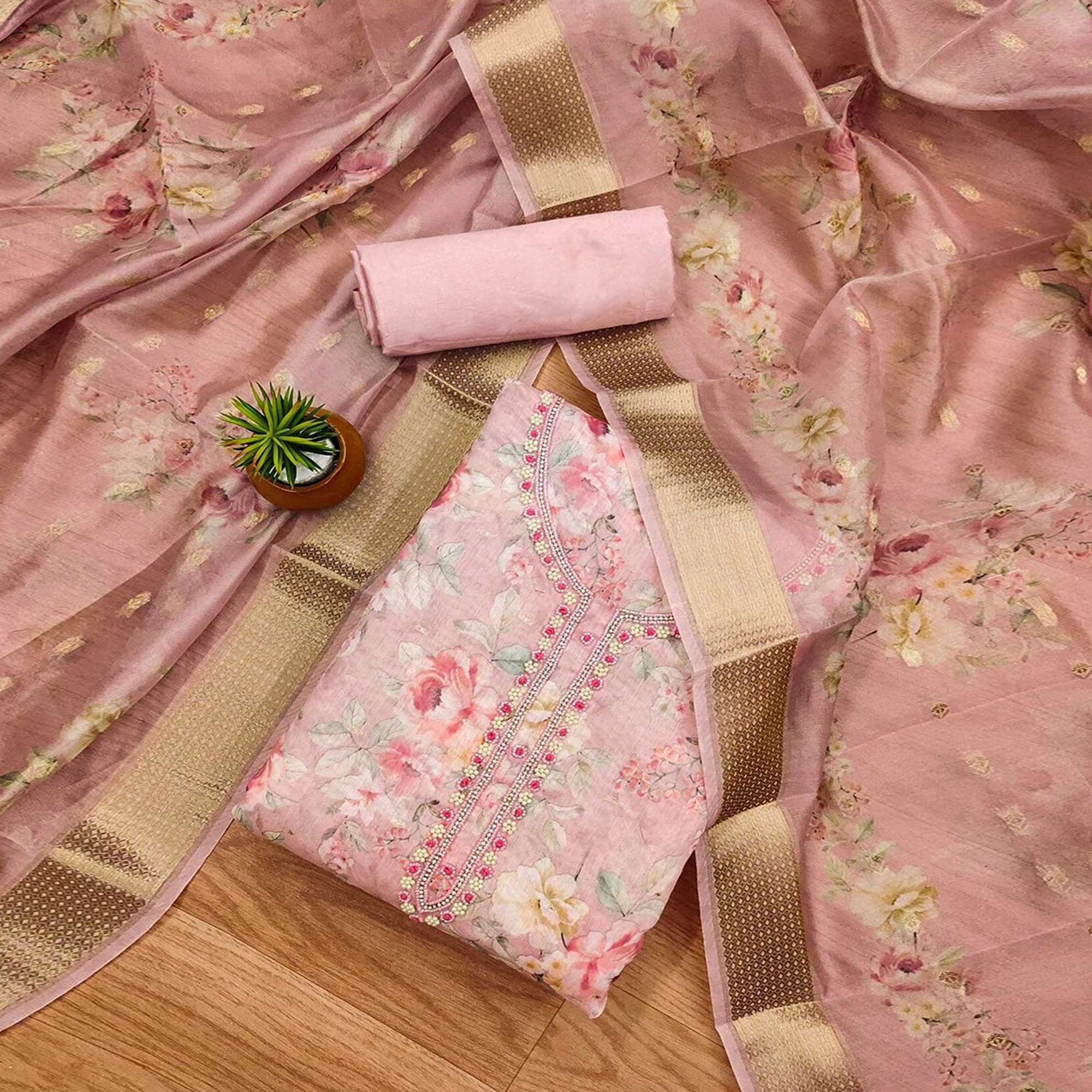 Pink Chanderi Silk Dress Material Showcasing Floral Prints with Subtle Beads Detailing