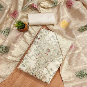 Cream & Blue Floral Printed Chanderi Silk Dress Material Adorned with Fine Embroidered Work