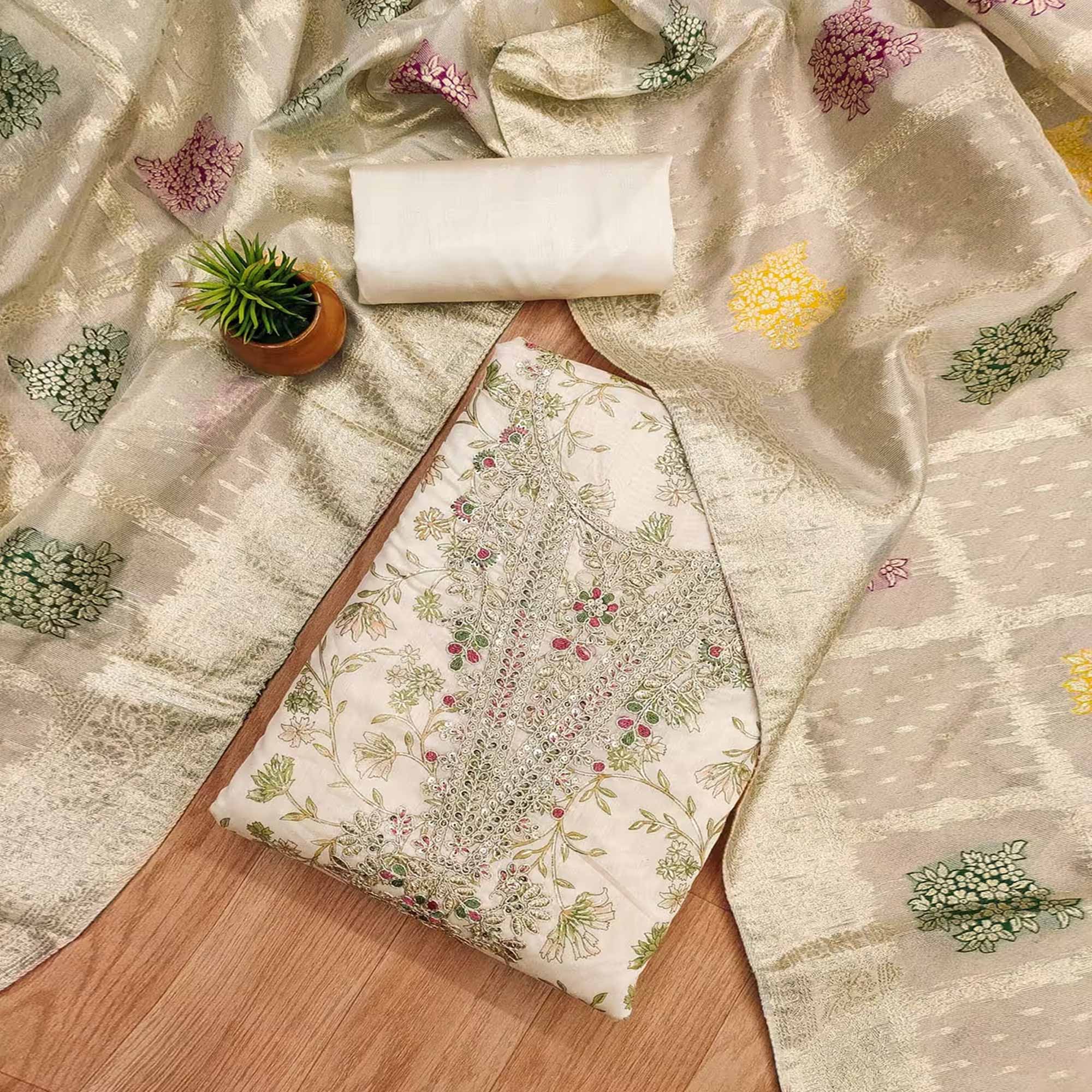 Cream & Green Floral Printed Chanderi Silk Dress Material Adorned with Fine Embroidered Work
