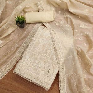 Designer Cream Chanderi Silk Fabric Set with Traditional Lucknowi Embroidered Detailing