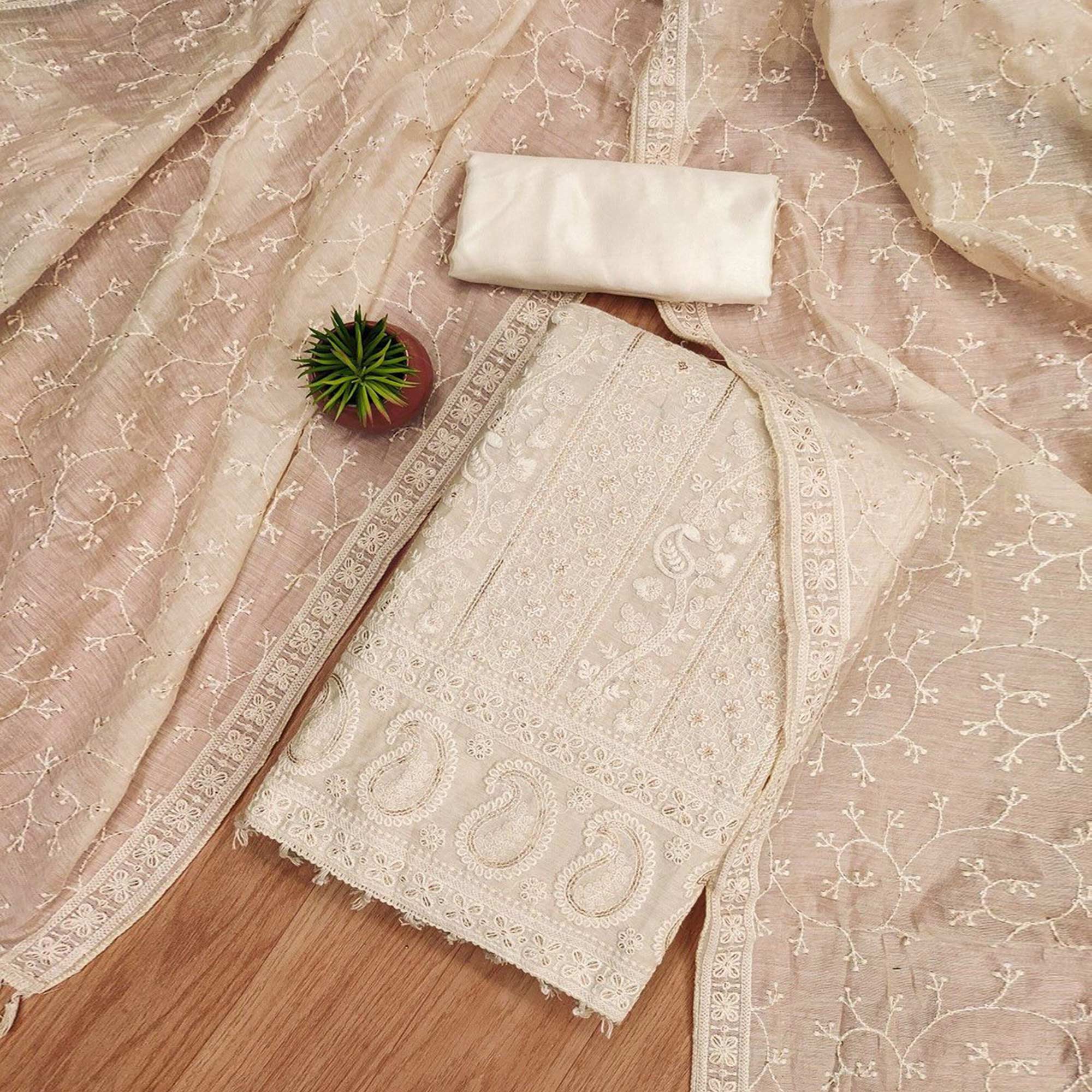 Elegant Cream Lucknowi Embroidery on Chanderi Silk Unstitched Suit Material
