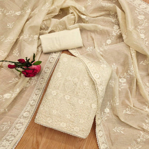 Sophisticated Cream Chanderi Silk Dress Material Highlighted with Classic Lucknowi Work