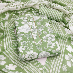 Green Floral Printed Pure Cotton Dress Material With A Fresh Elegant Appeal