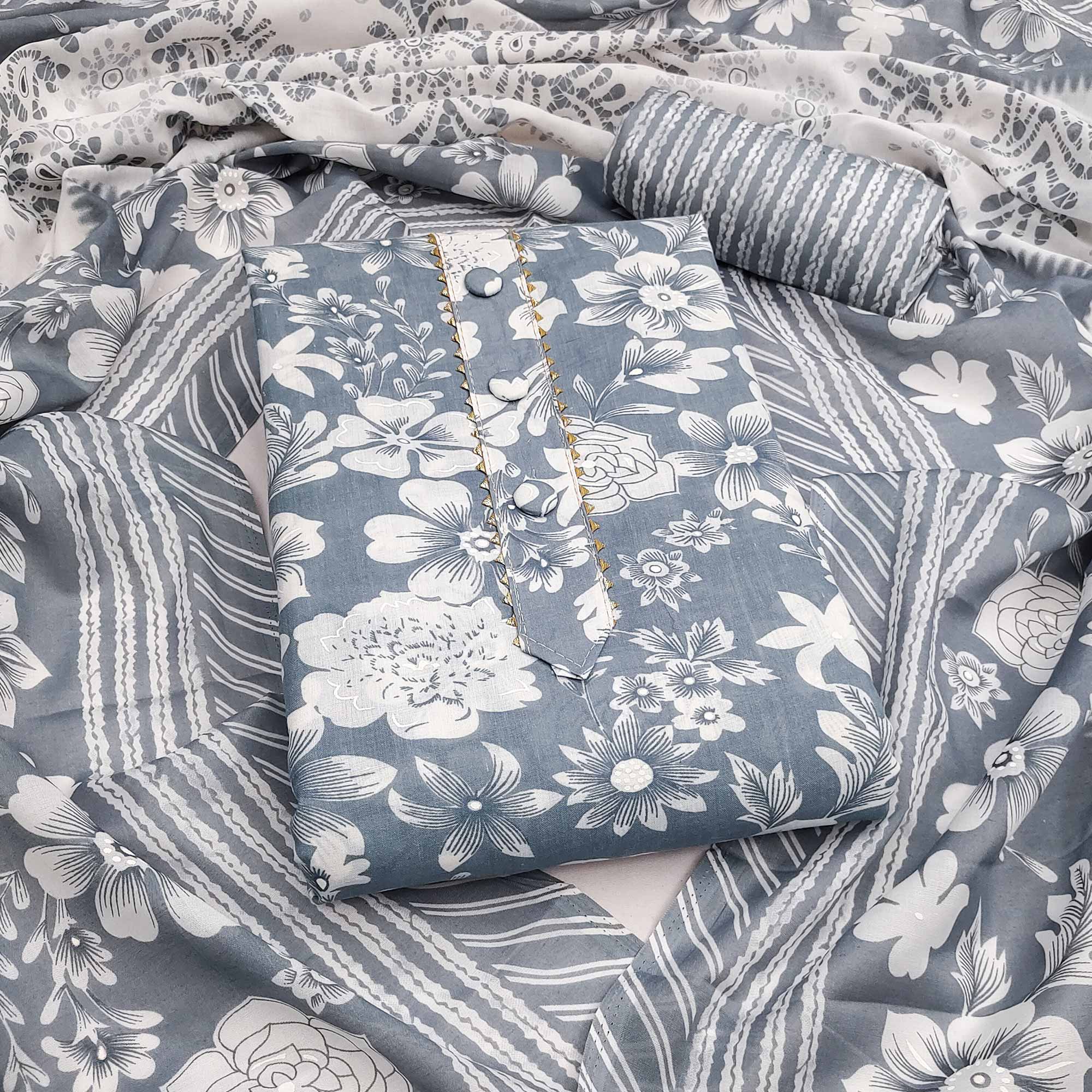 Grey Floral Printed Pure Cotton Dress Material With A Fresh Elegant Appeal
