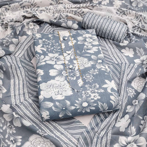 Grey Floral Printed Pure Cotton Dress Material With A Fresh Elegant Appeal