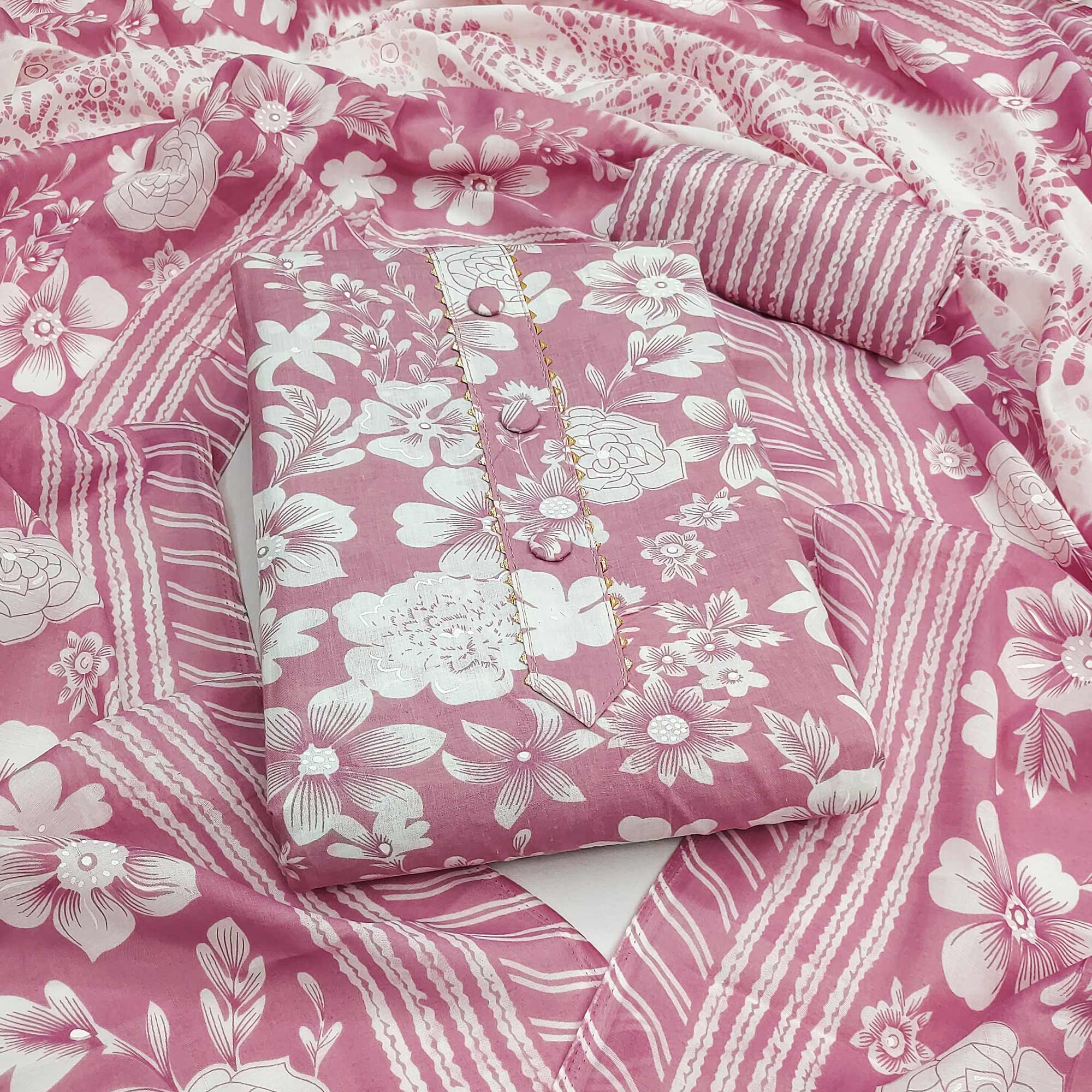 Onion Pink Floral Printed Pure Cotton Dress Material With A Fresh Elegant Appeal