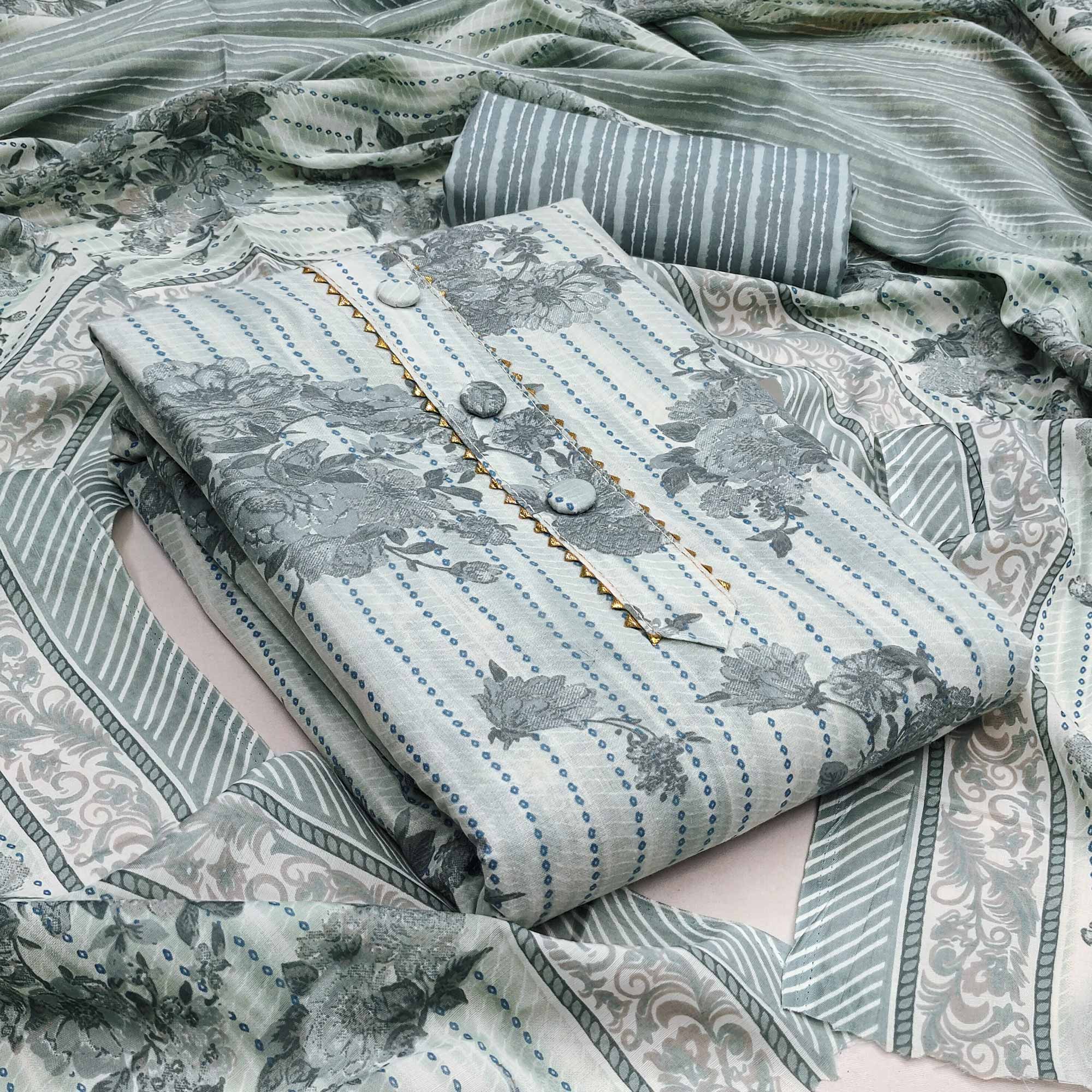 Refreshing Bluish Grey Floral Printed Pure Cotton Dress Material For Everyday Comfort