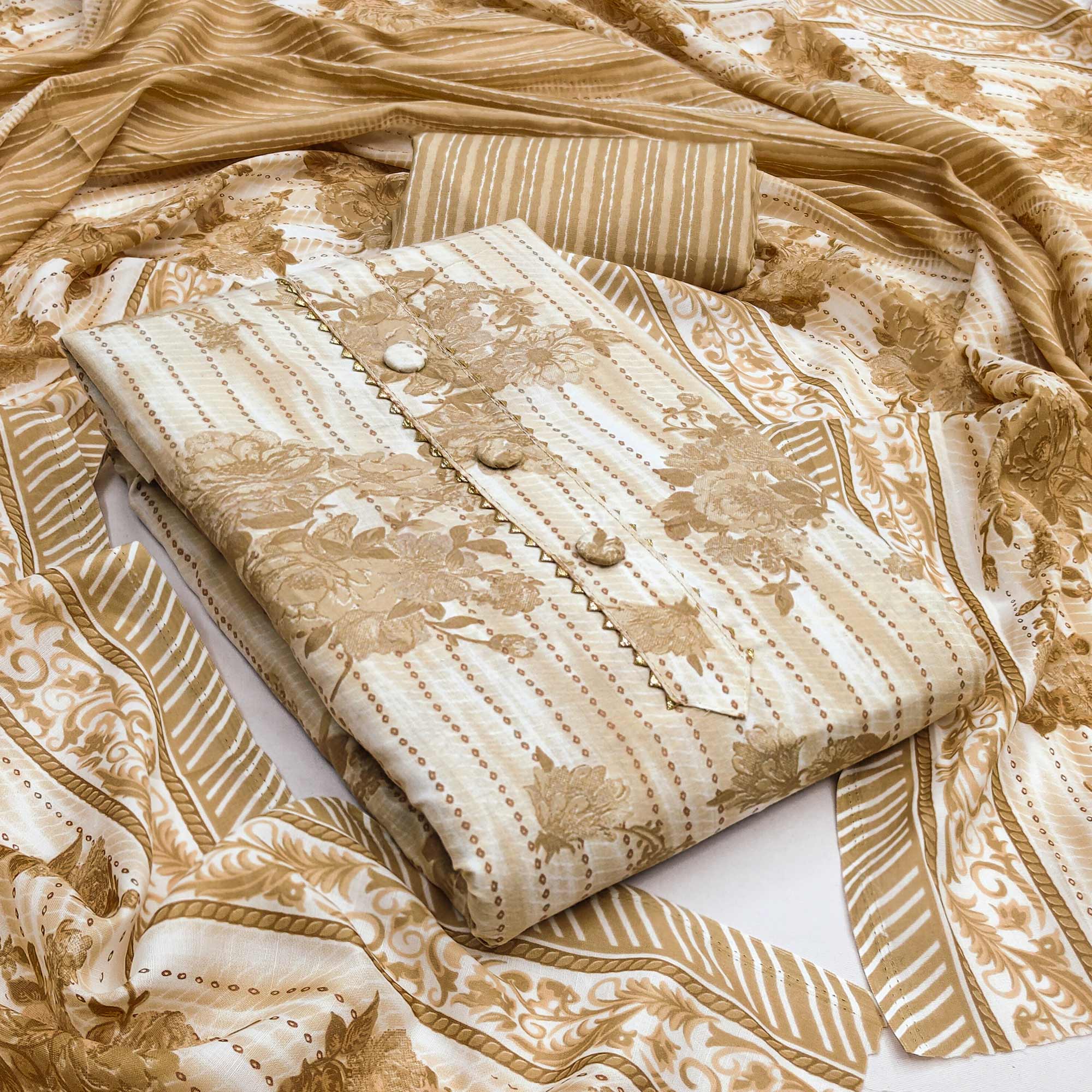 Refreshing Chikoo Floral Printed Pure Cotton Dress Material For Everyday Comfort