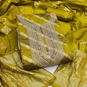 Rich Green Banarasi Silk Dress Material Featuring Floral Weaving & Neck Cording Embroidery