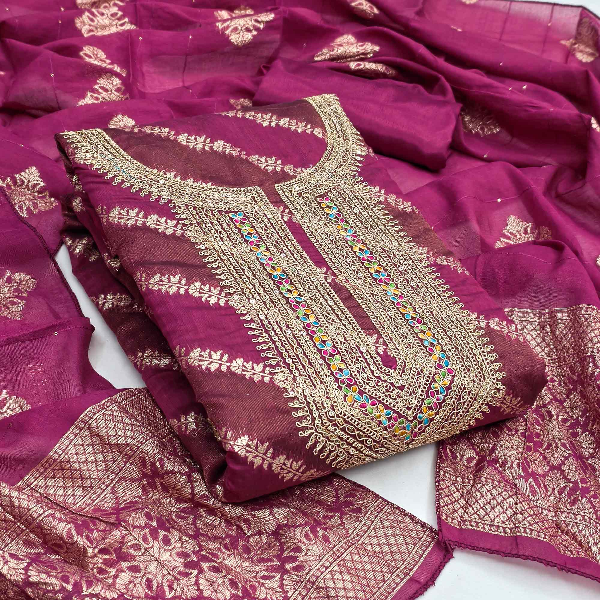 Rich Wine Banarasi Silk Dress Material Featuring Floral Weaving & Neck Cording Embroidery