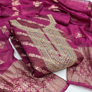 Rich Wine Banarasi Silk Dress Material Featuring Floral Weaving & Neck Cording Embroidery