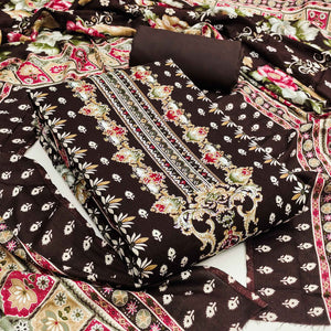 Brown Floral Printed Rayon Dress Material Enhanced With Sparkling Swarovski Work