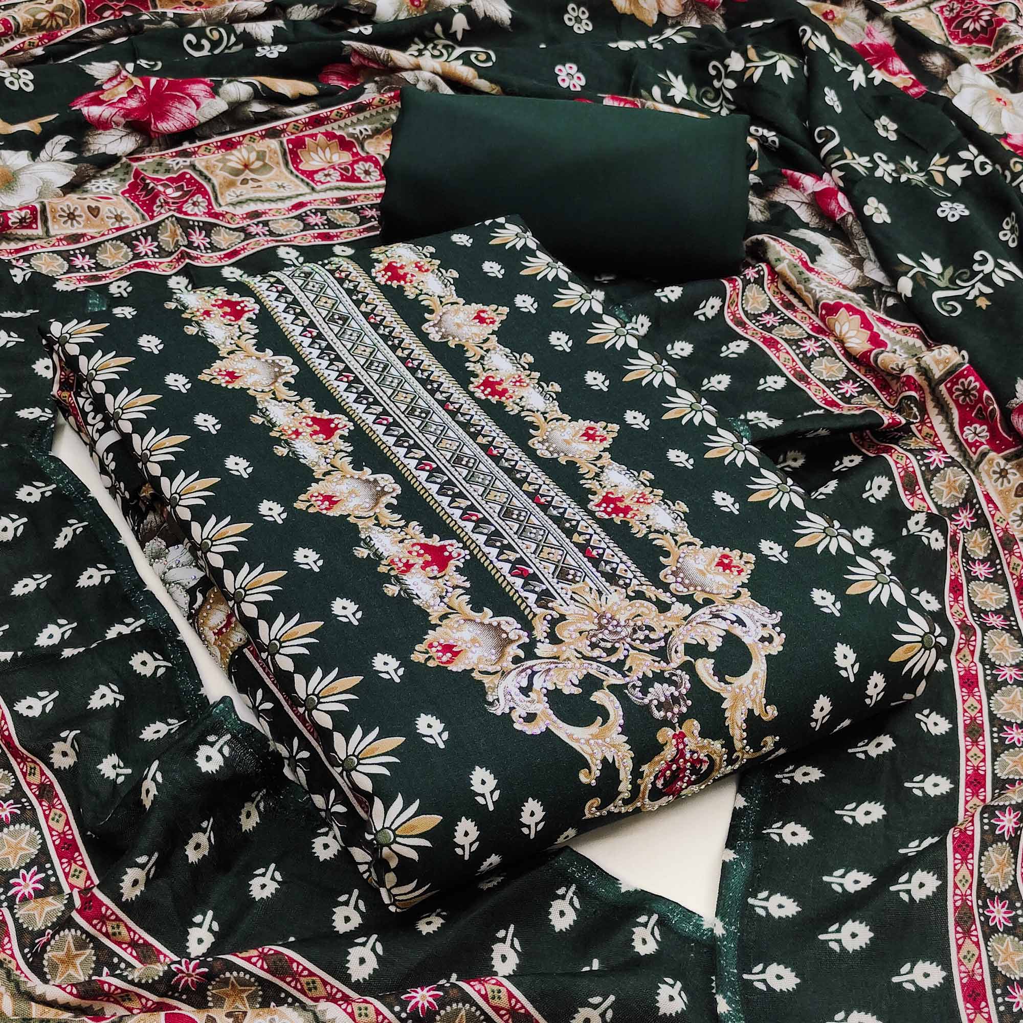 Green Floral Printed Rayon Dress Material Enhanced With Sparkling Swarovski Work