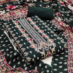 Green Floral Printed Rayon Dress Material Enhanced With Sparkling Swarovski Work