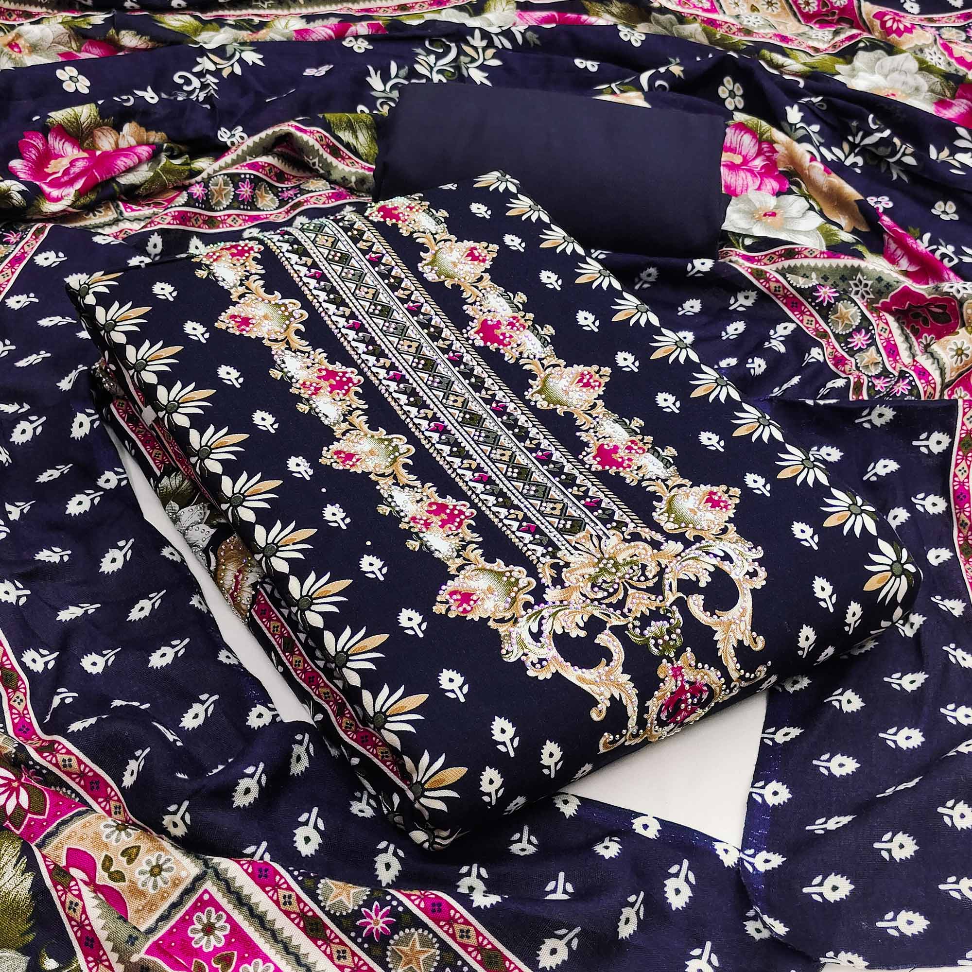 Navy Blue Floral Printed Rayon Dress Material Enhanced With Sparkling Swarovski Work