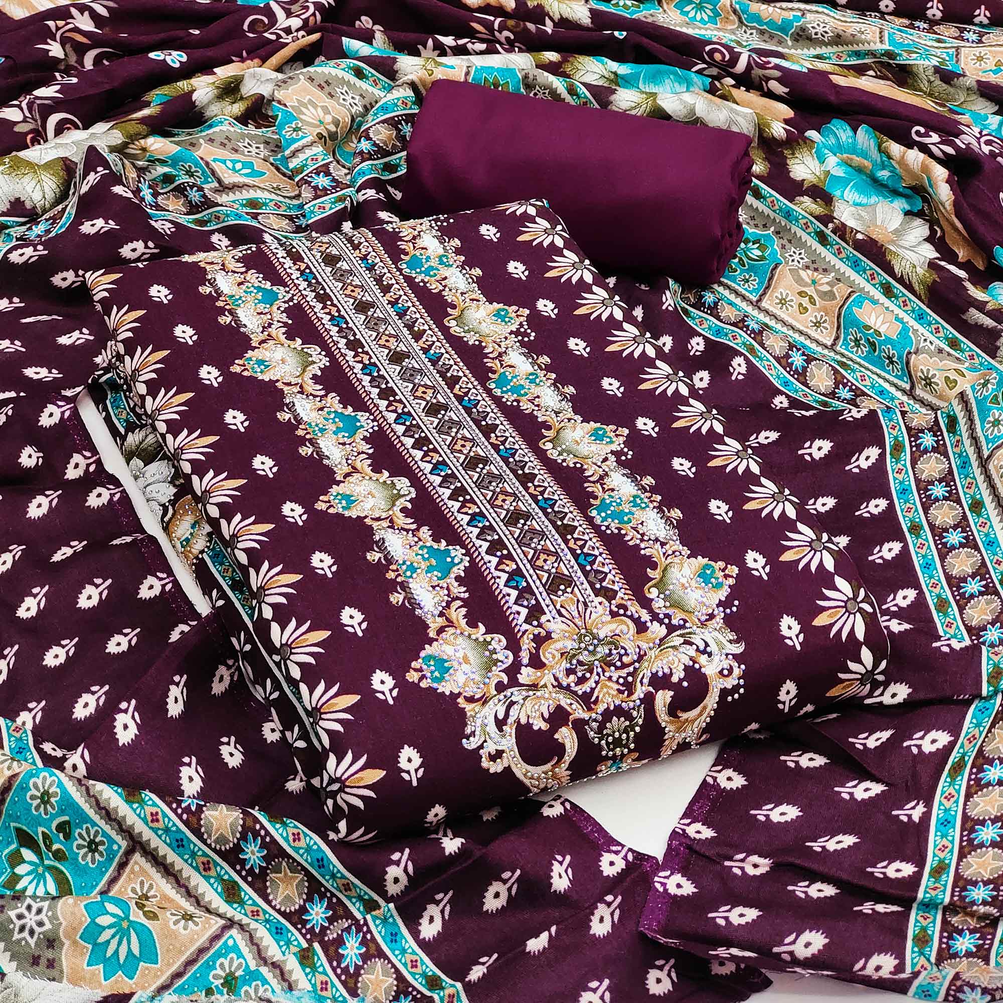 Wine Floral Printed Rayon Dress Material Enhanced With Sparkling Swarovski Work