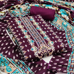 Wine Floral Printed Rayon Dress Material Enhanced With Sparkling Swarovski Work