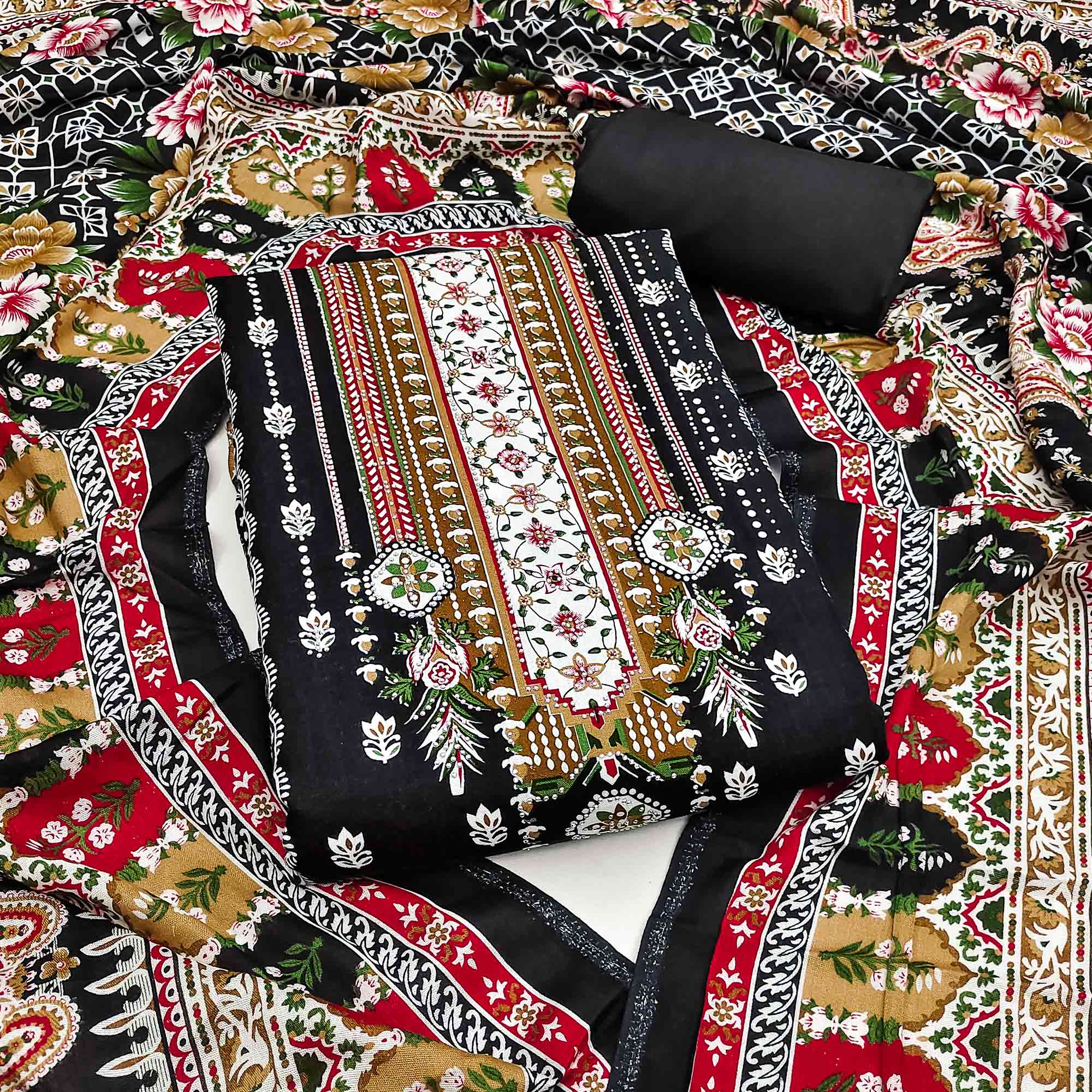 Black Floral Printed Rayon Dress Material Accented With Premium Swarovski Work